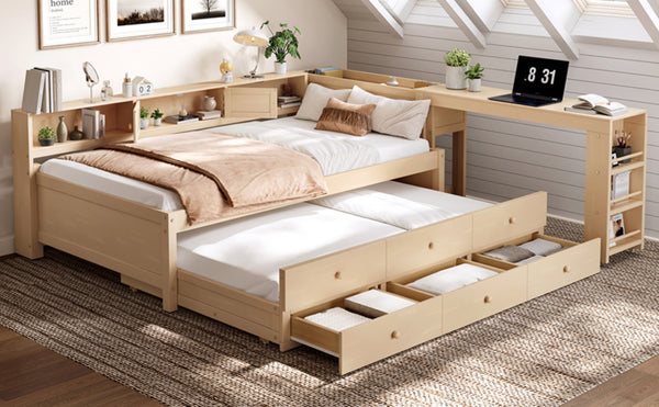 English Elm Twin Daybed Pine Frame with Trundle Desk Hutch Shelves and Storage for Kids Rooms Golden W1580S00460