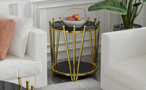 English Elm 19.69inch Gold Round Coffee Table with Crown Frame, 8mm Tempered Glass, Stainless Steel Base, Chic Storage Black W1550P171469