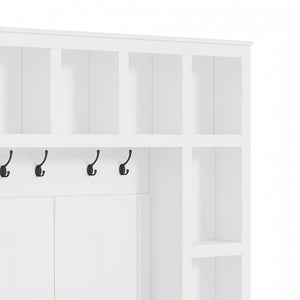 English Elm Farmhouse Hall Tree with Triple Arch Back Panel Eight Hooks Drawers and Entryway Bench N721S000044K-1