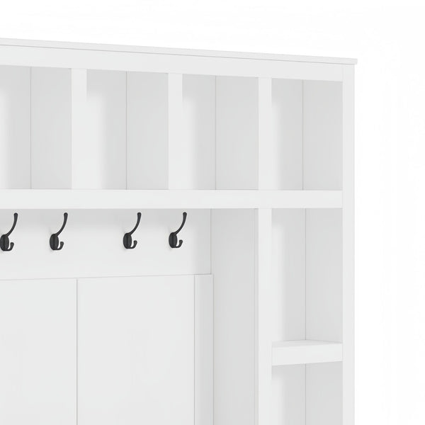 English Elm Farmhouse Hall Tree with Triple Arch Back Panel Eight Hooks Drawers and Entryway Bench N721S000044K-1