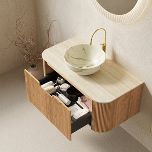 English Elm Dina Floating Bathroom Vanity Sintered Stone Top Glass Basin Striped Plywood Cabinet W2615S00699