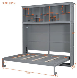 English Elm Queen Murphy Wall Bed Cabinet with Integrated Shelves Usb Charging Space Saving Design Gray LP006668AAE-1