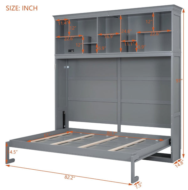 English Elm Queen Murphy Wall Bed Cabinet with Integrated Shelves Usb Charging Space Saving Design Gray LP006668AAE-1