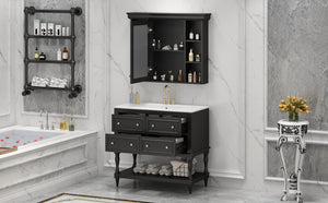English Elm 36'' Modern Bathroom Vanity with Ceramic Sink and Medicine Cabinet, Solid Wood Frame, 4 Drawers, Waterproof Finish Black SW000138AAB-1