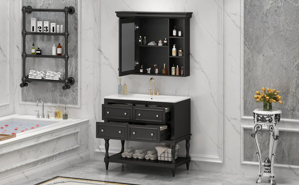 English Elm 36'' Modern Bathroom Vanity with Ceramic Sink and Medicine Cabinet, Solid Wood Frame, 4 Drawers, Waterproof Finish Black SW000138AAB-1
