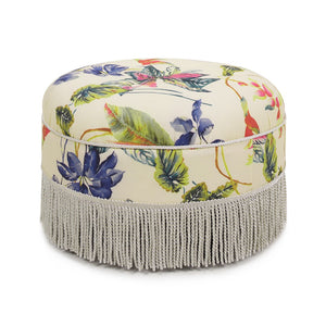 English Elm Yolanda 24" Round Upholstered Accent Ottoman, Beige & Tropical Floral With Ivory Trim