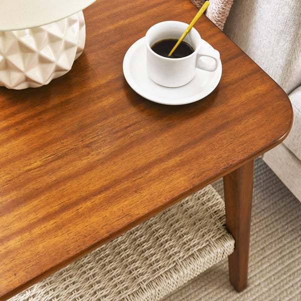 English Elm 23" Mid-Century Side Table with Woven Rattan Shelf, Walnut Finish, Solid Wood Legs, Boho Storage Accent Piece W1801109588