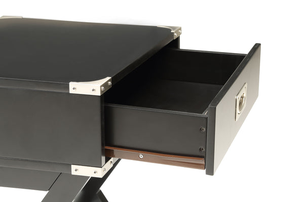 English Elm Babs Square Black Finish Accent Table with Drawer, Metal Corner Accents, X-Base Stability, Durable Design B2726P270996