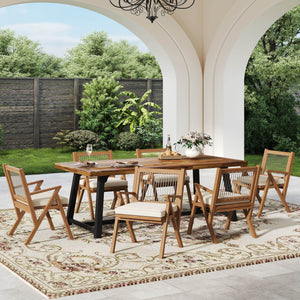 English Elm Christopher Knight Home® - 7 Piece Expandable Outdoor Dining Set with Acacia Wood Table and Breathable Rope Back Chairs, Stylish Durable Seating for 6–8 Guests, Weather-Resistant Finish and Water-Repellent Cushions (Expandable 71–94.5") Cream+Grey,Teak+ Black N768P249344T_6_N768P190946T