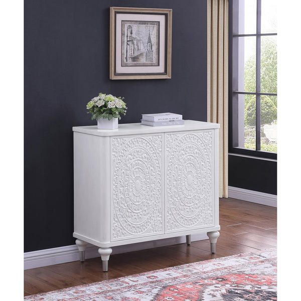 English Elm Angus White 2-Door Mandala Accent Cabinet with Carved Floral Medallions, Adjustable Shelf, Push-Open Elegance B062P299809