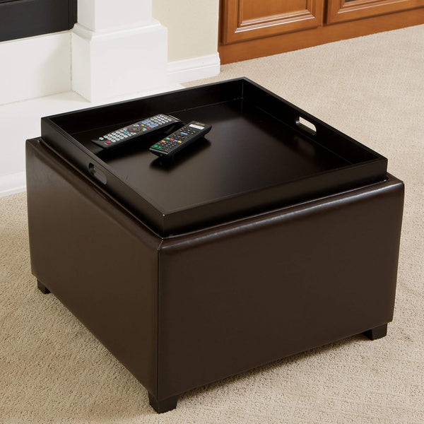 English Elm Christopher Knight Home® - DENVER 24IN Leather Storage Tray Ottoman in Chocolate with Reversible Tray-Top, Hidden Storage & Espresso Legs 53108.00PU
