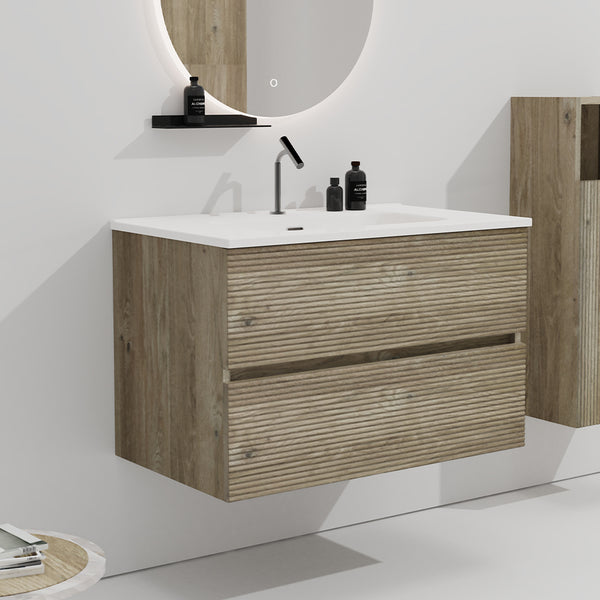 English Elm Gloria 30" Wall Mounted Rough Oak Bathroom Vanity With Integrated Sink & Soft-Closing Drawers, Kd W1865S00121