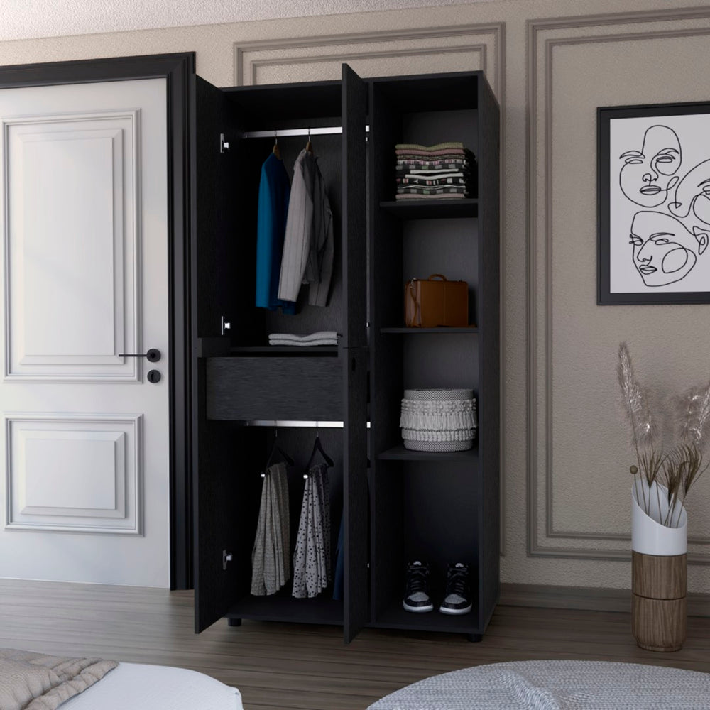 English Elm Bethel Slim Profile Wardrobe Armoire with Hanging Rods Open Shelves and Drawer B128S00225