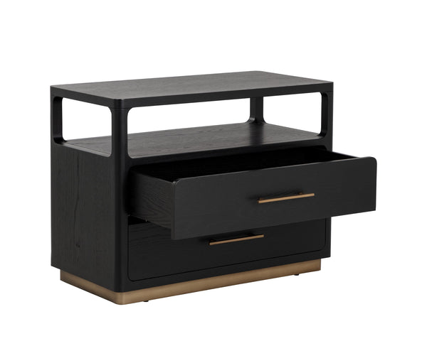 Sunpan Danette Nightstand - Sleek Black Solid Oak Design With Open Shelf & Elegant Brass Hardware Accent Black Wood 111772