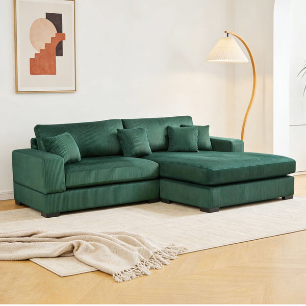 English Elm Mid Century Modern 3 Seater Sectional Sofa with Reversible Chaise and Accent Pillows Green W876S00346