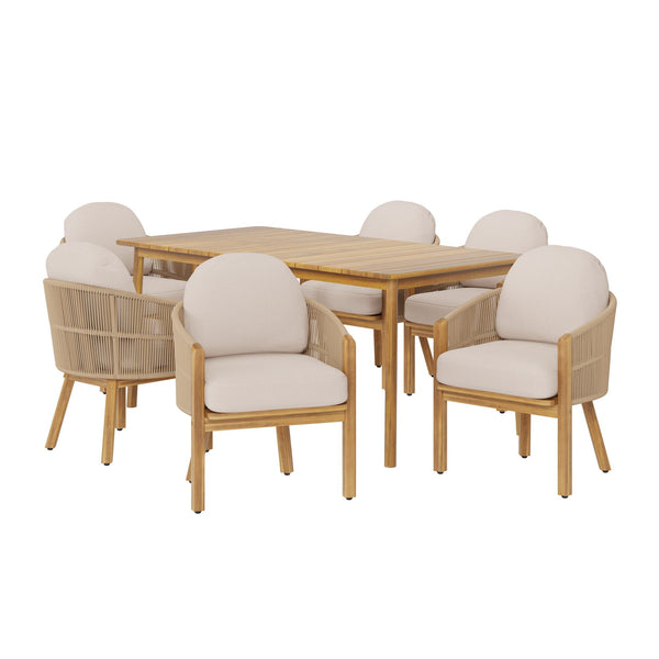 English Elm Christopher Knight Home® - Grotta Teak+ Beige 7PC Outdoor Dining Set with Woven Rope Backrests, Dumpling Cushions, Acacia Table GROTTA7PCDSET