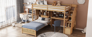 English Elm Twin Over Twin Loft Bed with Built-In Desk, Stairs, Shelving and Storage Headboard for Space-Saving Rooms Natural GX000465AAN