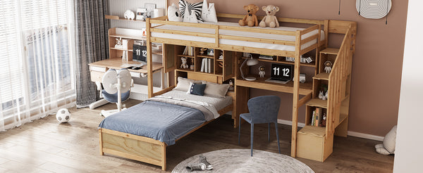 English Elm Twin Over Twin Loft Bed with Built-In Desk, Stairs, Shelving and Storage Headboard for Space-Saving Rooms Natural GX000465AAN