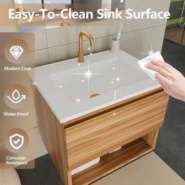 English Elm 24 Inch Floating Bathroom Vanity Fluted Walnut Cabinet with Ceramic Sink Modern W3520S00041