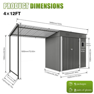 English Elm 12x4ft Steel Lean to Shed with Open Pergola Combo Backyard Storage and Shaded Patio W3213S00011
