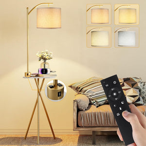 English Elm Floor Lamp with Built-in Side Table Usb Charging Remote Dimming for Living Room Golden W3355P440807