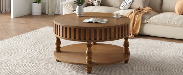 English Elm Farmhouse Fluted Square Coffee Table with Flip Top Hidden Compartment and Open Shelf Walnut Brown W1445P370480