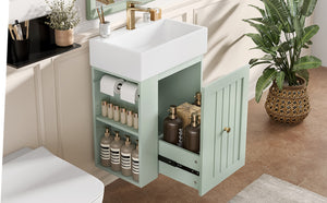 English Elm 20-Inch Compact Bathroom Vanity with Ceramic Sink, Wall-Mounted MDF Cabinet, Modern Space-Saver Design Green N725P314023F