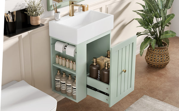 English Elm 20-Inch Compact Bathroom Vanity with Ceramic Sink, Wall-Mounted MDF Cabinet, Modern Space-Saver Design Green N725P314023F