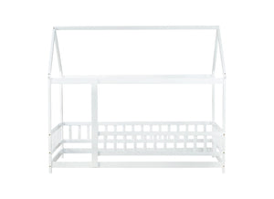English Elm Twin Size House Floor Bed With Roof Frame & Safety Guardrails - Cozy Wooden Design For Kids' Rooms W504P286403-GIGA