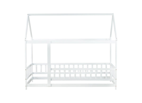 English Elm Twin Size House Floor Bed With Roof Frame & Safety Guardrails - Cozy Wooden Design For Kids' Rooms W504P286403-GIGA