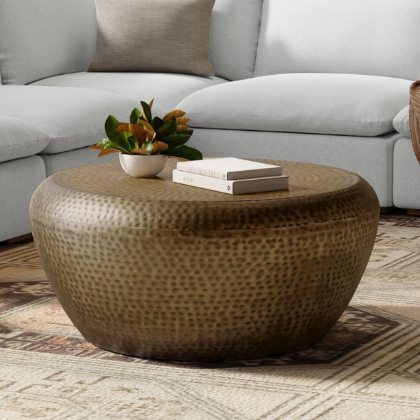 English Elm Preston Hand-hammered Iron Drum Coffee Table Antique Gold Sculptural Living Room Accent B136P429084