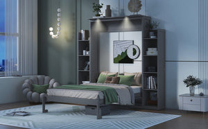 English Elm Full Size Murphy Wall Bed with Led Lighting Side Storage Cabinets and Slatted Support Gray LP000694AAE-1