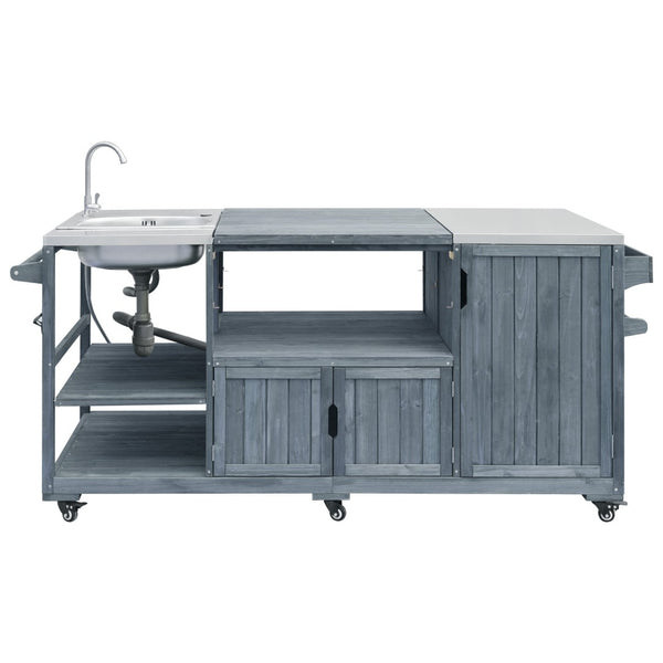 English Elm K&k Solid Fir Outdoor Kitchen Island with Sink Stainless Steel Top and Grill Cutout Grey+Blue N707S000022G