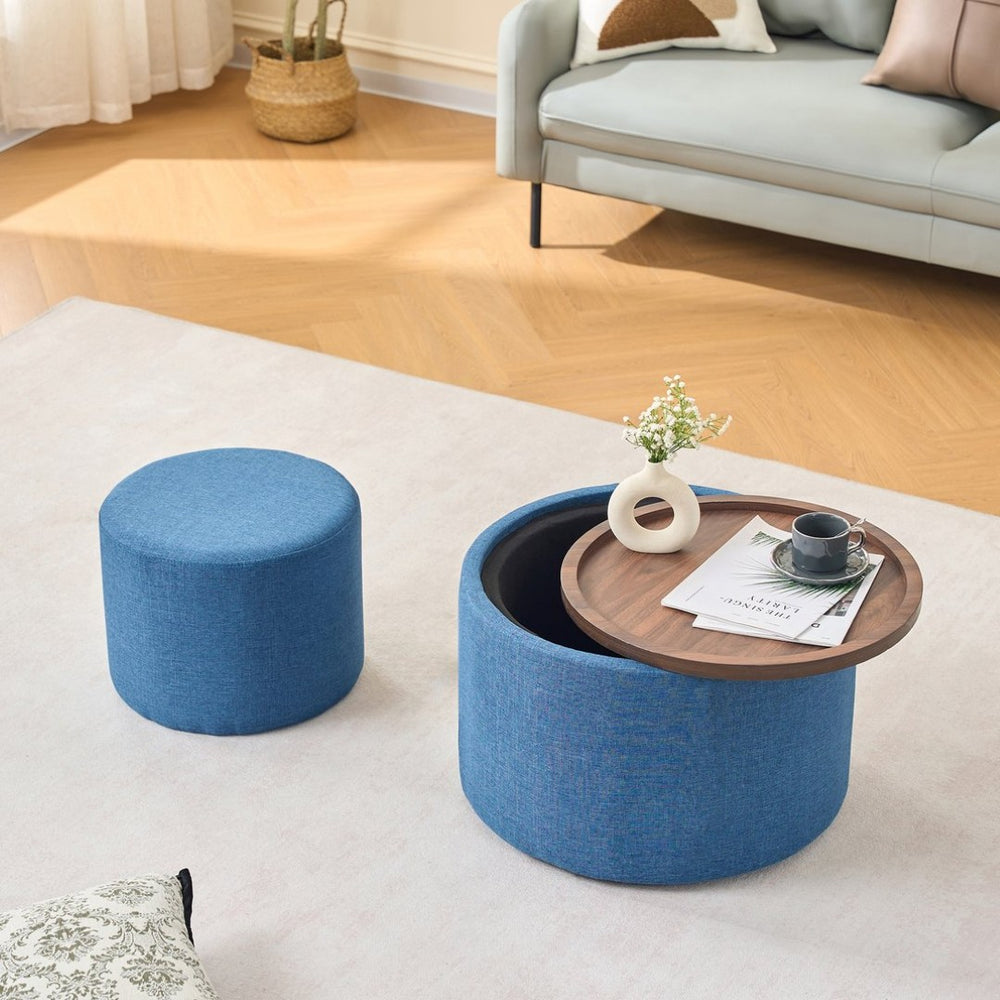 English Elm Ball Cast Round Nesting Ottoman Set Linen Upholstered Hidden Storage with Wooden Tray Blue W3163P379374
