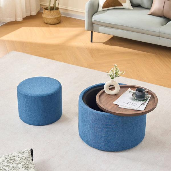 English Elm Ball Cast Round Nesting Ottoman Set Linen Upholstered Hidden Storage with Wooden Tray Blue W3163P379374