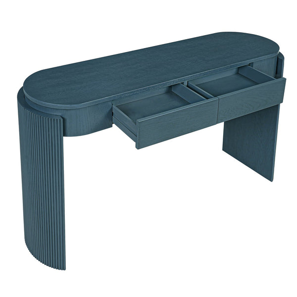 English Elm TREXM Entryway Table with Natural Oak Veneer, Fluted Legs, Oval Top and Two Drawers for Hallway Decor Navy N715P288632M