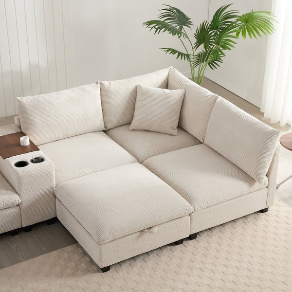 English Elm 139'' U-shaped Corduroy Sectional with Ottoman Console Usb Port and Cup Holders for Living Beige N723S1166A