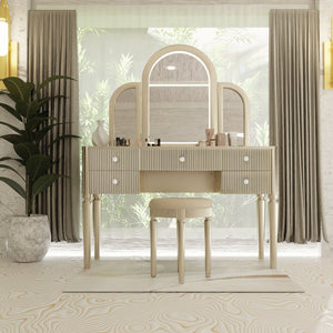 English Elm AGODY Mirrored Vanity with LED Light and Solid Rubber Wood Frame, Skin-Friendly PU Seat for Bedroom Champagne W2170P208424