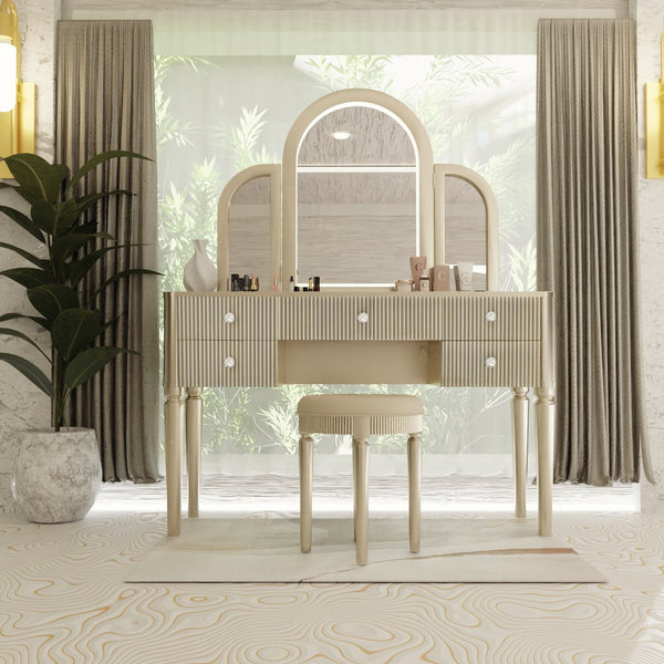 English Elm AGODY Mirrored Vanity with LED Light and Solid Rubber Wood Frame, Skin-Friendly PU Seat for Bedroom Champagne W2170P208424