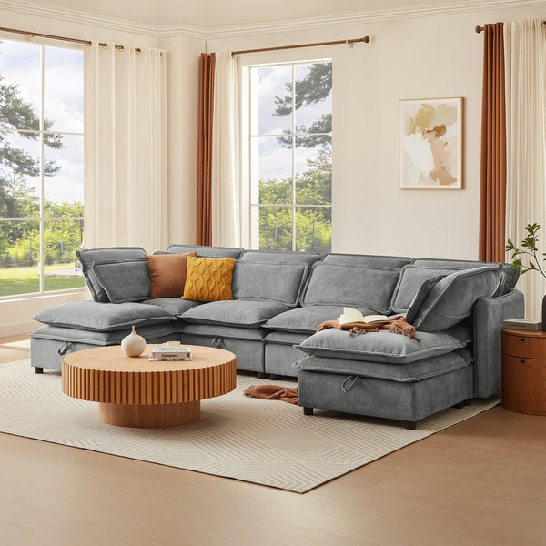 English Elm U_Style Large U-Shaped Modular 6-Seater Sofa with Storage, Convertible Sofa Bed, Removable Covers, Modern Comfort and Durable Frame Grey WY000447AAE