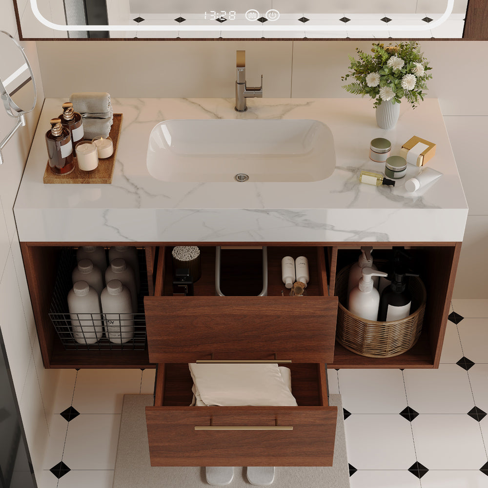 English Elm 39.4'' Floating Bathroom Vanity with Ceramic Sink and Sintered Stone Top, Wall-Mount Modern Design White+Walnut W3136S00020
