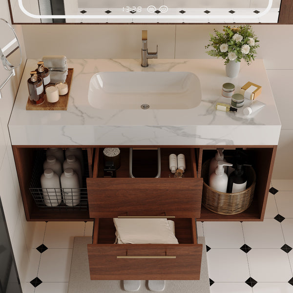 English Elm 39.4'' Floating Bathroom Vanity with Ceramic Sink and Sintered Stone Top, Wall-Mount Modern Design White+Walnut W3136S00020