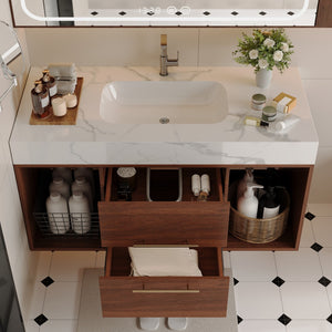 English Elm 39.4 Inch Floating Bathroom Vanity Sintered Stone Top Solid Wood 2 Soft Close Drawers W3136S00034