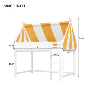 English Elm Full Size Solid Wood Loft Bed with Canopy Led Lighting and Integrated Bookshelf White N7090002242K