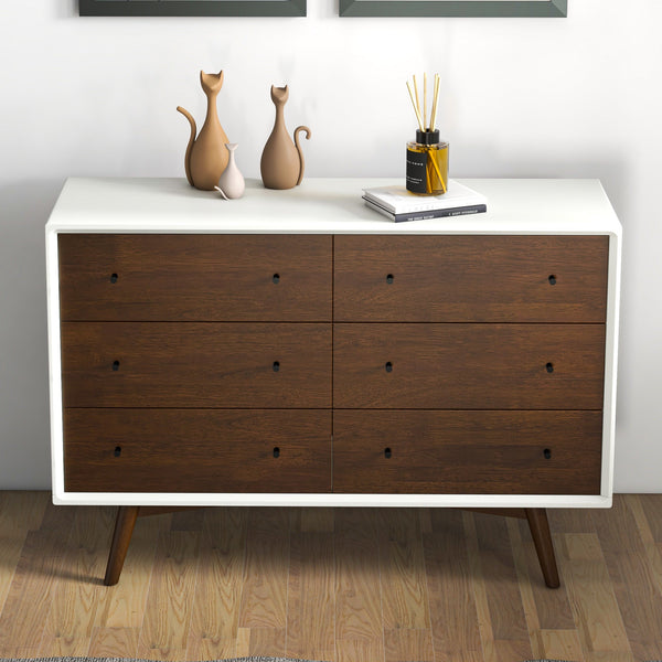 English Elm Ashcroft Furniture - Mid Century Modern 6-Drawer White Dresser in Solid Wood, Dark Brown Accents, Spacious Storage B183P231969