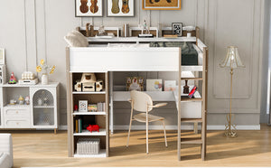 English Elm Full Size Wood Loft Bed With Desk, Wardrobe & Storage Shelves - Stylish Space-Saving Solution! N7090005007K