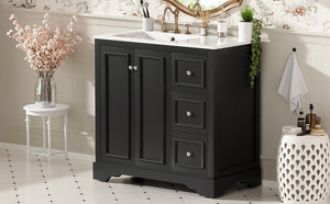 English Elm 36'' Transitional Bathroom Vanity with Ceramic Sink, Solid Wood Frame, Adjustable U-Shelf & Soft-Close Doors Black N729P292966B