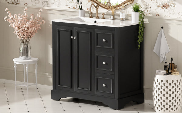 English Elm 36'' Transitional Bathroom Vanity with Ceramic Sink, Solid Wood Frame, Adjustable U-Shelf & Soft-Close Doors Black N729P292966B