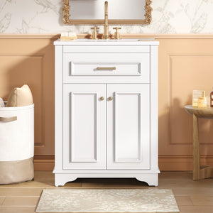 English Elm 24" Matte Single Sink Vanity Solid Poplar Frame Gold Hardware Soft Close Cabinet White N710P389449K