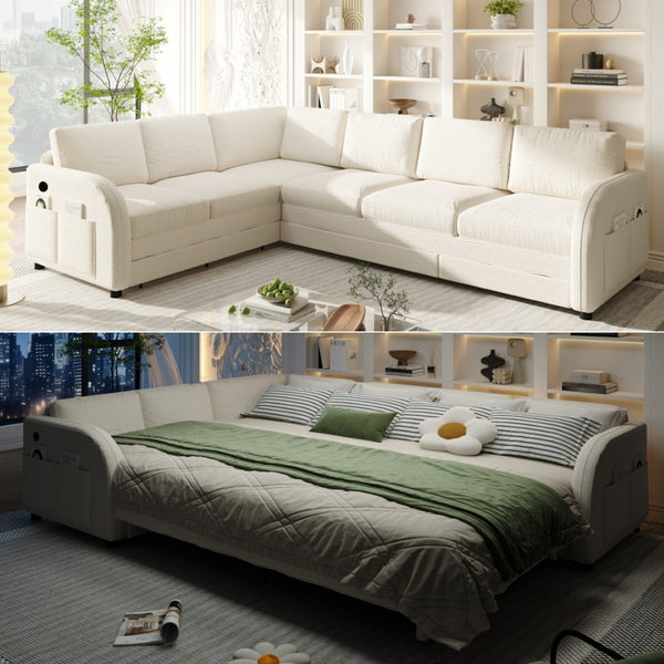 English Elm 115.2" Oversized Teddy Fabric Sectional Sleeper Sofa with Usb Ports and Modular Chaise Beige+White W1885S00316
